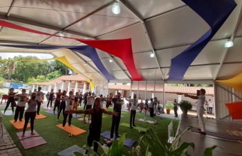 Yoga practitioners enthusiastically participating in the Yoga session organized by the Embassy of India